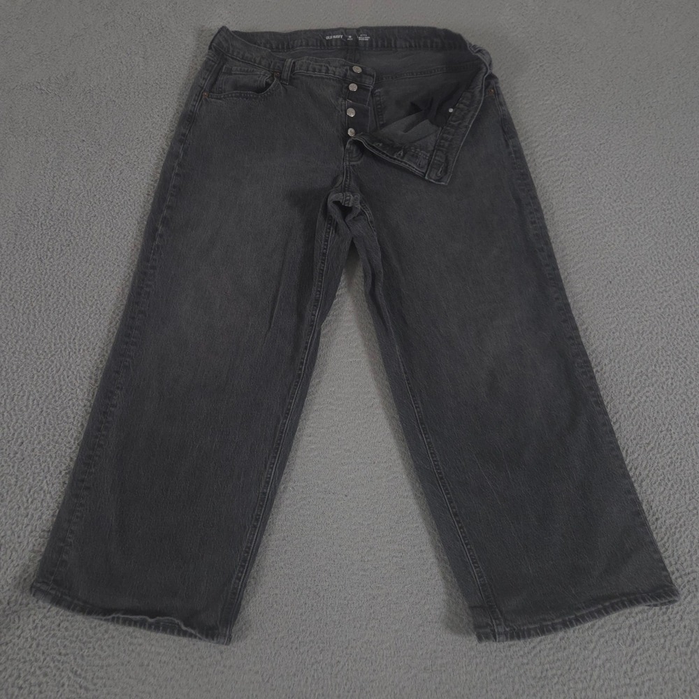 Old Navy Jeans Womens 18 Petite Black Slouchy Wide Leg Mid Rise Button Fly Denim